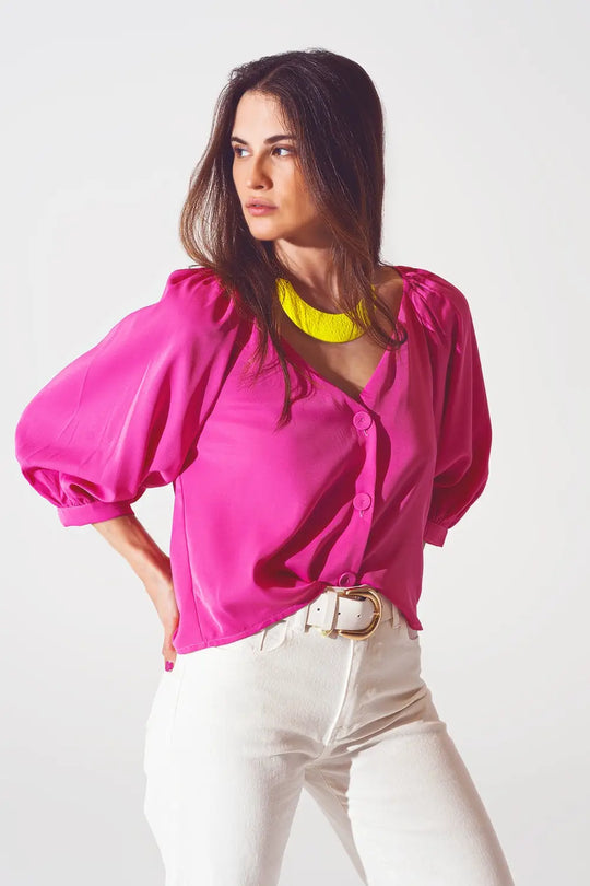 Q2 Chemise boutonnée sur le devant en satin fuchsia