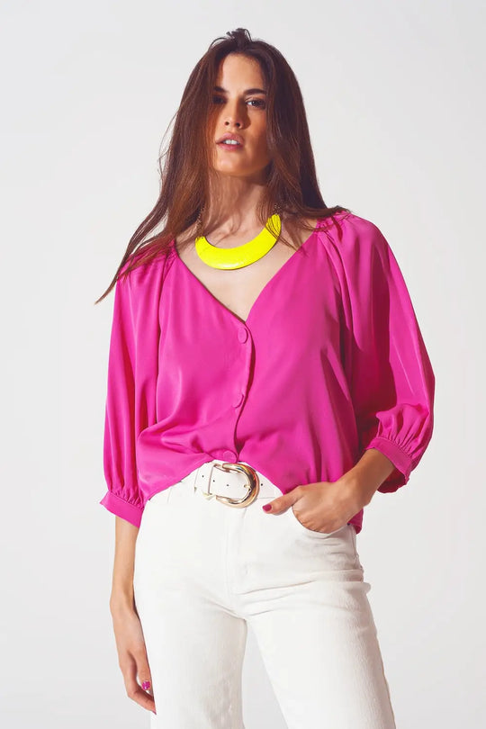Chemise boutonnée sur le devant en satin fuchsia - Tee-Shirt