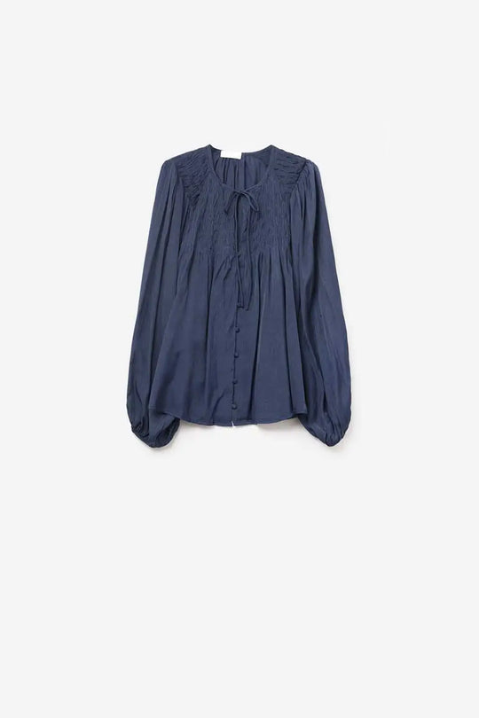 Chemise chic en satin bleu avec dentelle - Tops