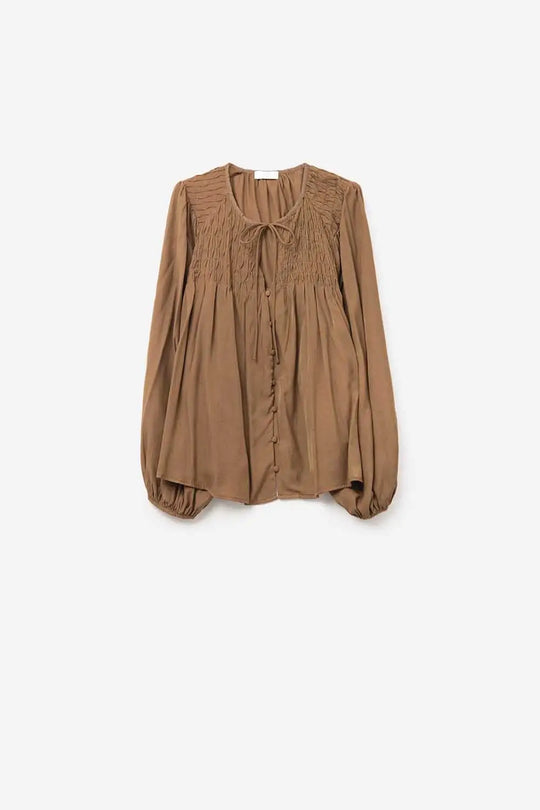 Chemise chic en satin marron avec dentelle - Tops
