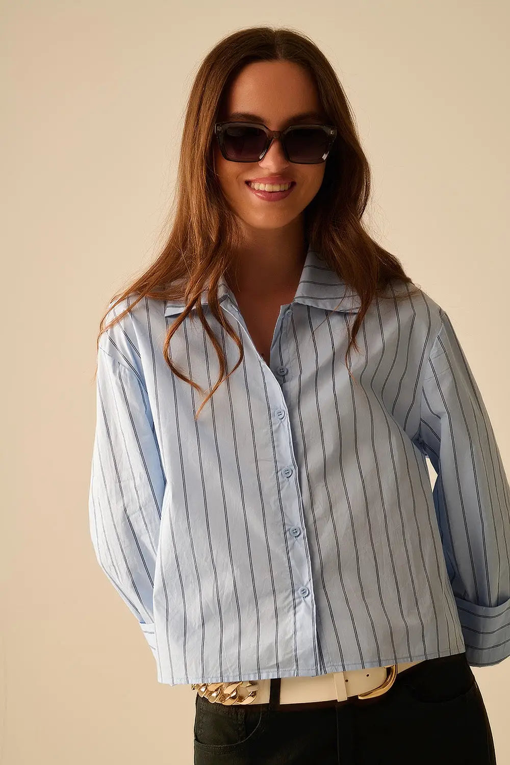 Q2 chemise courte en popeline rayée bleue
