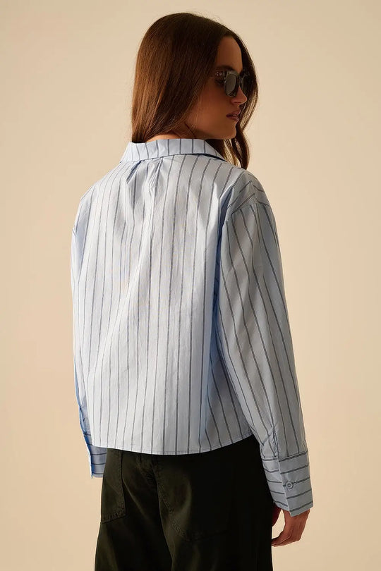 chemise courte en popeline rayée bleue - Tee-Shirt