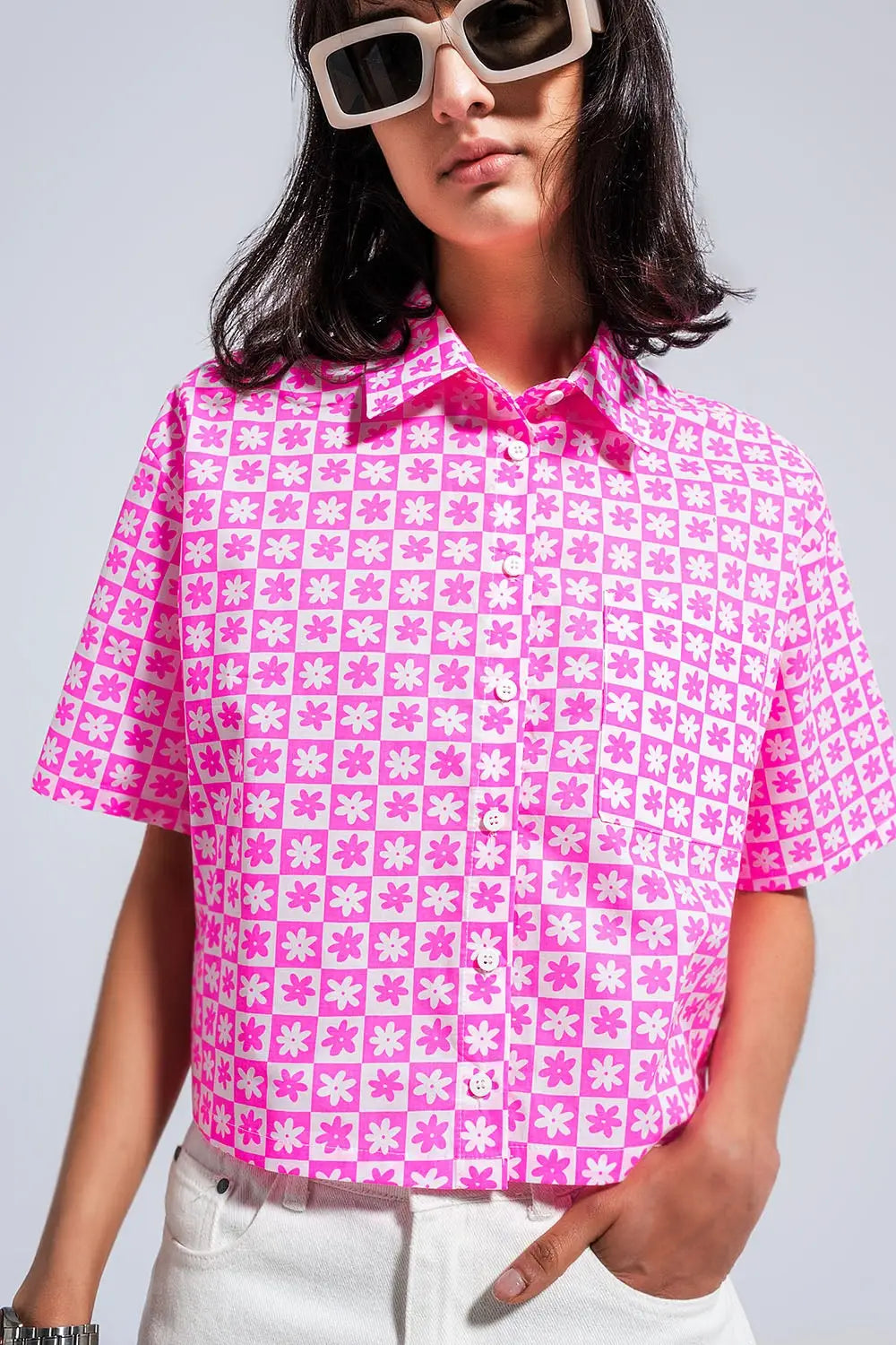 Chemise courte rose boutonnée style années 90 - Tee-Shirt
