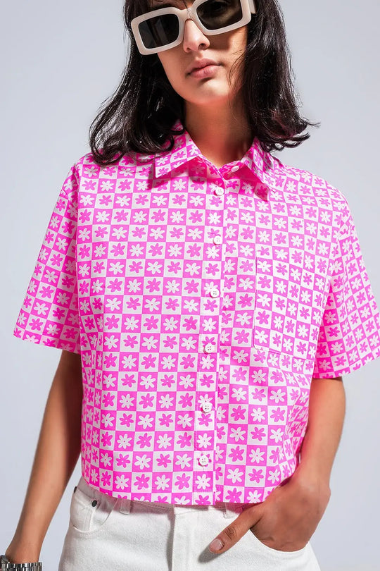 Chemise courte rose boutonnée style années 90 - Tee-Shirt