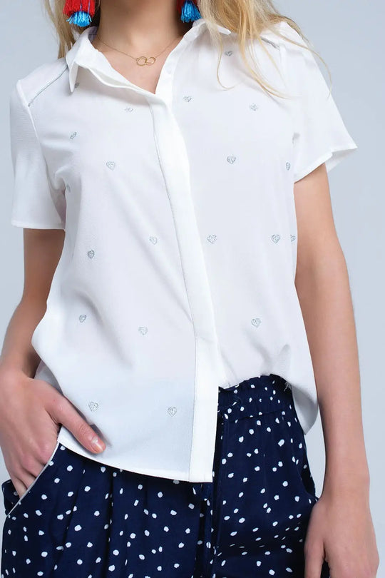 Chemise crème avec broderie coeur - Tee-Shirt