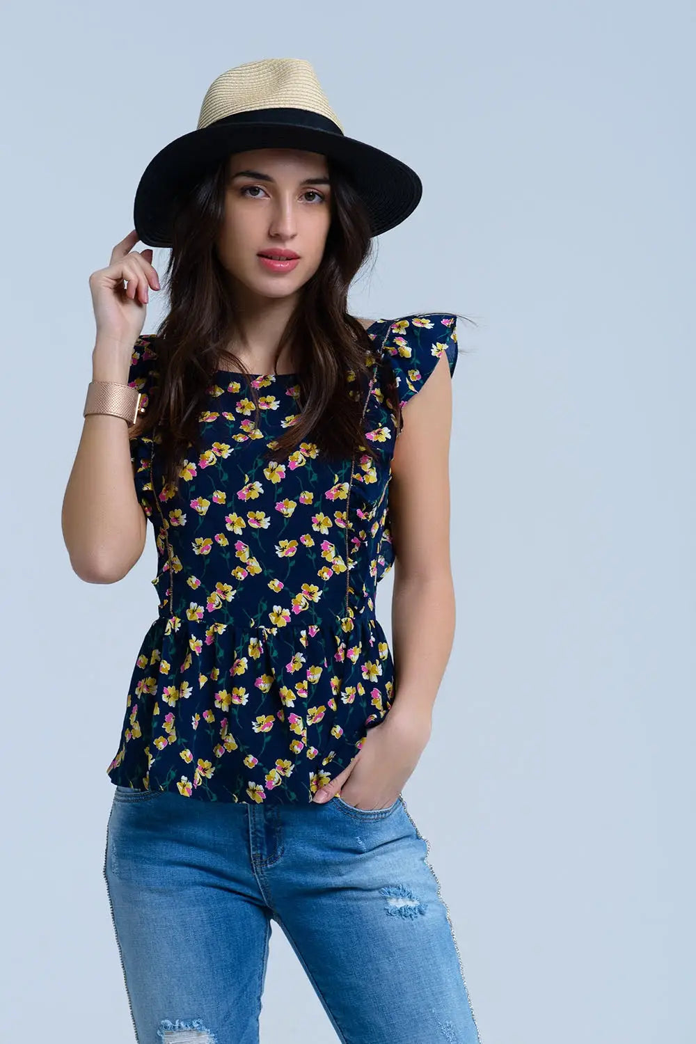 Chemise croisée bleu marine à volants - Tee-Shirt