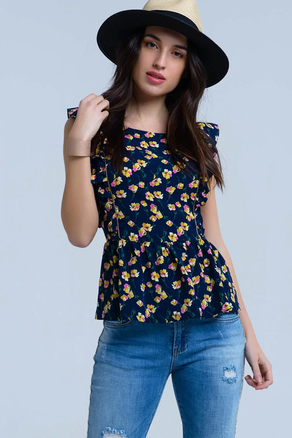 Chemise croisée bleu marine à volants - Tee-Shirt