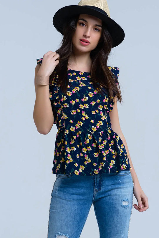 Chemise croisée bleu marine à volants - Tee-Shirt