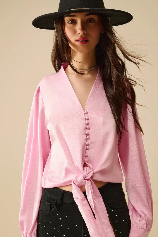 Chemise croisée rose avec nœud - Tee-Shirt