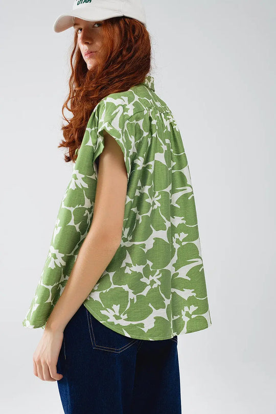 Chemise décontractée à imprimé floral vert - Tee-Shirt