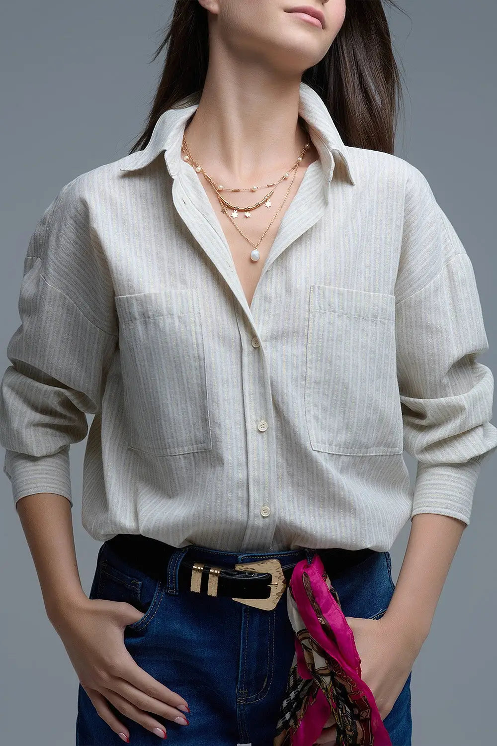 Chemise décontractée à rayures avec poches poitrine surdimensionnées - Tee-Shirt