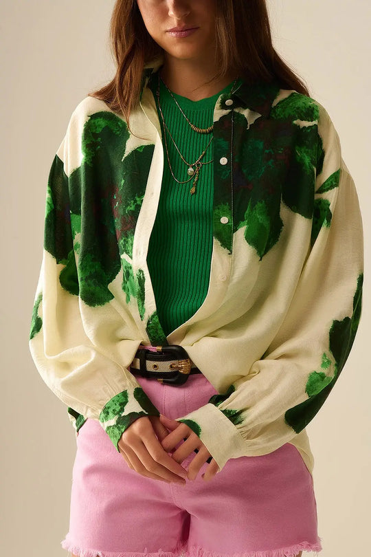 Chemise décontractée avec imprimé de grandes fleurs en vert - Tee-Shirt