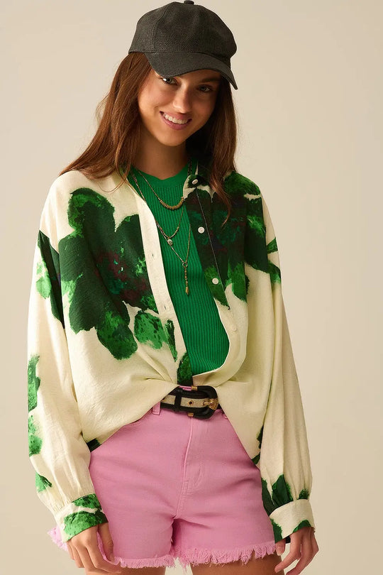 Q2 Chemise décontractée avec imprimé de grandes fleurs en vert