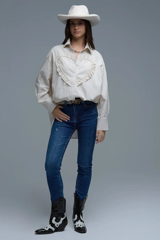 Chemise décontractée beige à rayures et coutures en forme de cœur - Tee-Shirt