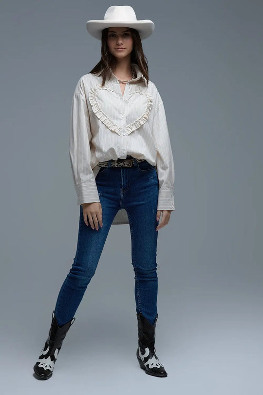 Chemise décontractée beige à rayures et coutures en forme de cœur - Tee-Shirt