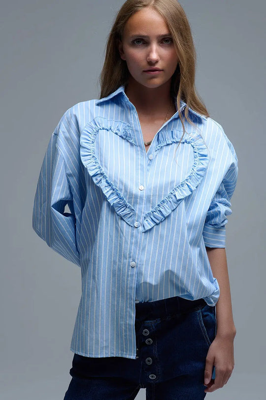 Chemise décontractée bleue à rayures et coutures en forme de cœur - Tee-Shirt
