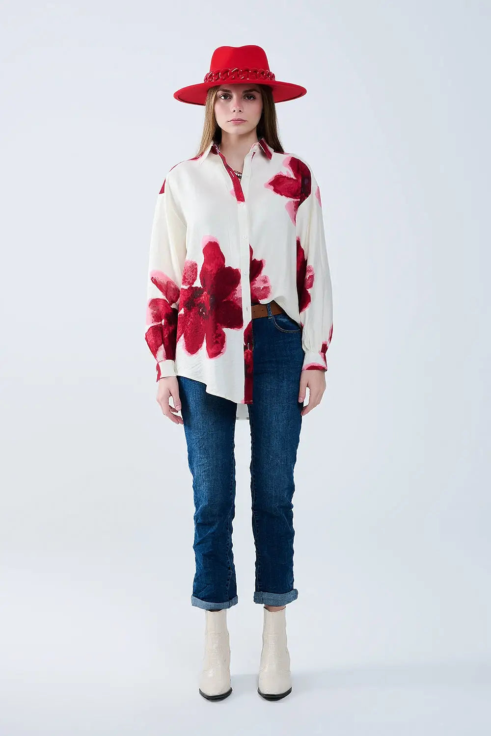 Chemise décontractée en beige avec imprimé de fleurs tropicales en rouge - Tee-Shirt