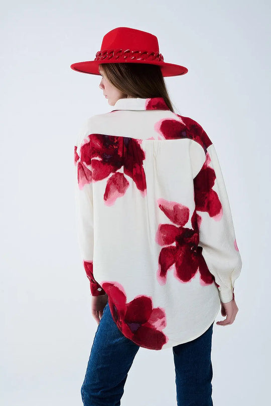 Chemise décontractée en beige avec imprimé de fleurs tropicales en rouge - Tee-Shirt