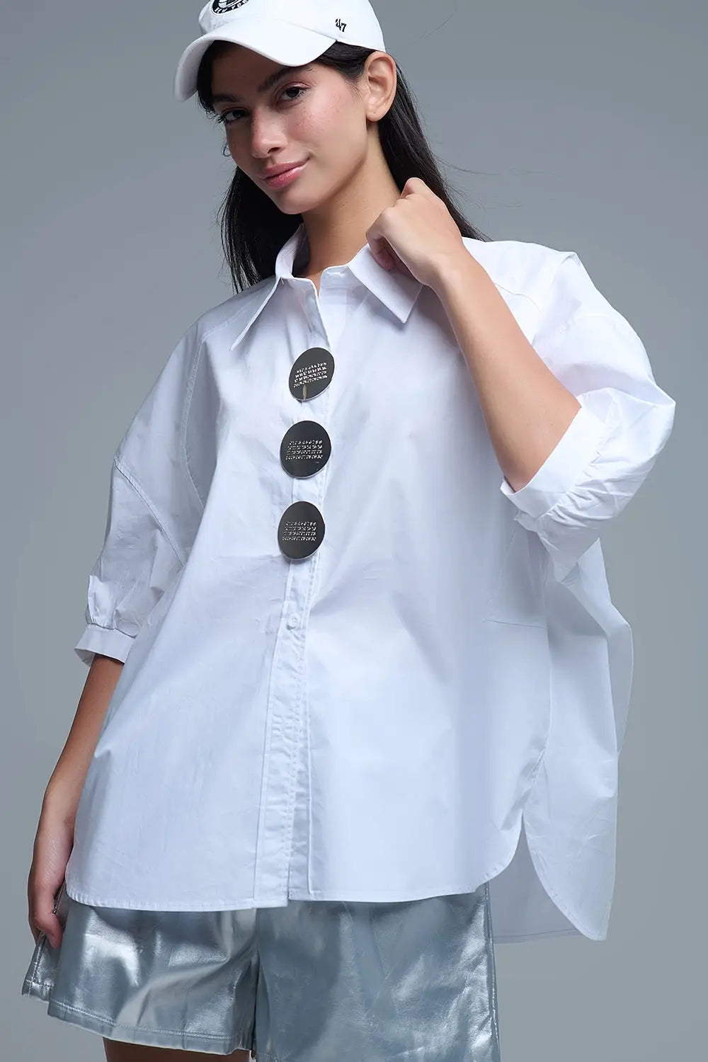 Chemise décontractée en popeline à manches 3/4 avec détails de boutons en blanc - One Size / blanc - Tee-Shirt
