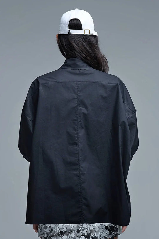 Chemise décontractée en popeline à manches 3/4 avec détails de boutons en noir - One Size / Negro - Tee-Shirt