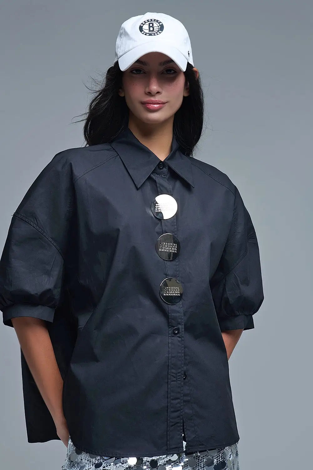 Chemise décontractée en popeline à manches 3/4 avec détails de boutons en noir - One Size / Negro - Tee-Shirt