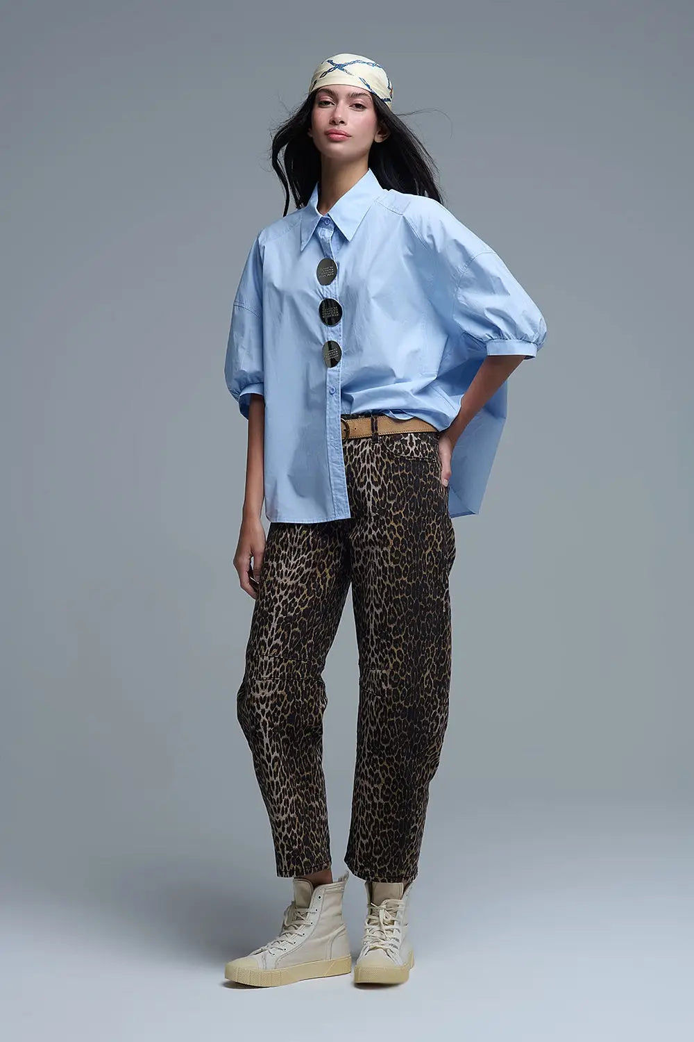 Chemise décontractée en popeline à manches 3/4 avec détails de boutons - One Size / bleu - Tee-Shirt