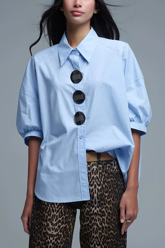 Chemise décontractée en popeline à manches 3/4 avec détails de boutons - One Size / bleu - Tee-Shirt