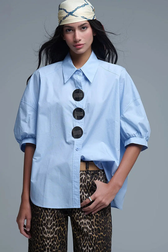 Chemise décontractée en popeline à manches 3/4 avec détails de boutons - One Size / bleu - Tee-Shirt