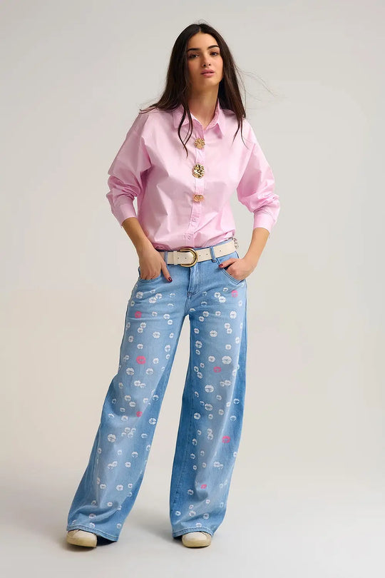 Chemise décontractée en popeline de coton rose avec boutons dorés - Tee-Shirt