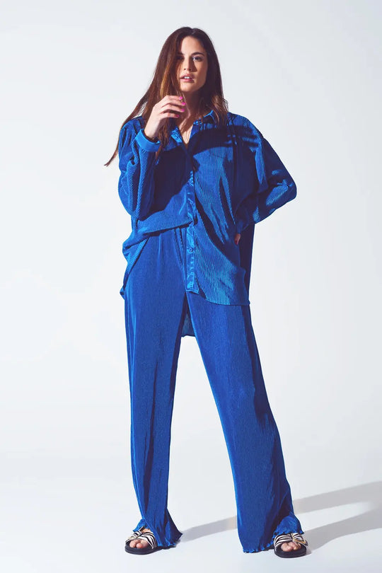 Chemise décontractée en satin plissé en bleu - Tee-Shirt