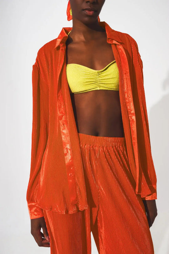 Q2 Chemise décontractée en satin plissé en orange