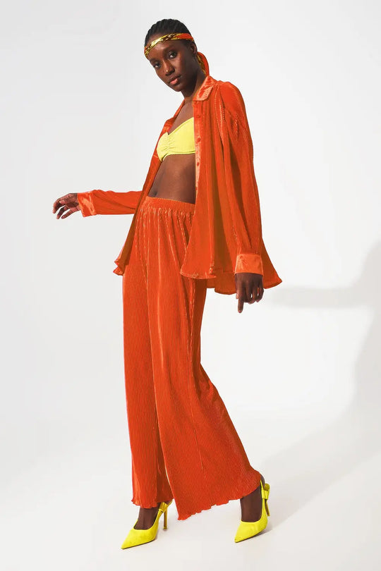 Chemise décontractée en satin plissé en orange - Tee-Shirt