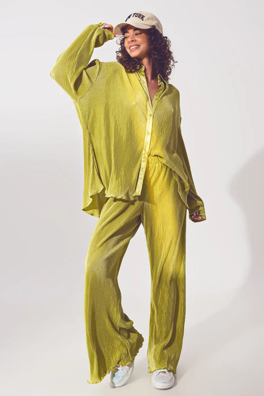 Chemise décontractée en satin plissé en vert - Tee-Shirt
