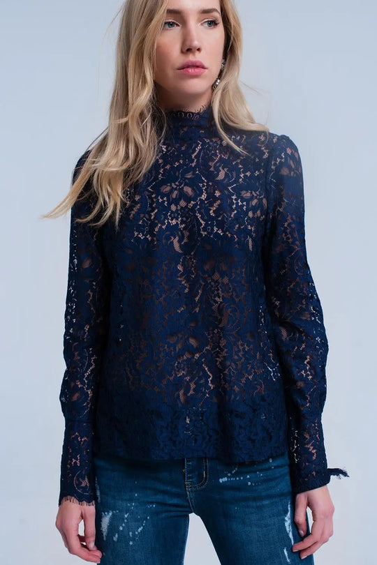 Chemise en dentelle bleu marine - Tee-Shirt