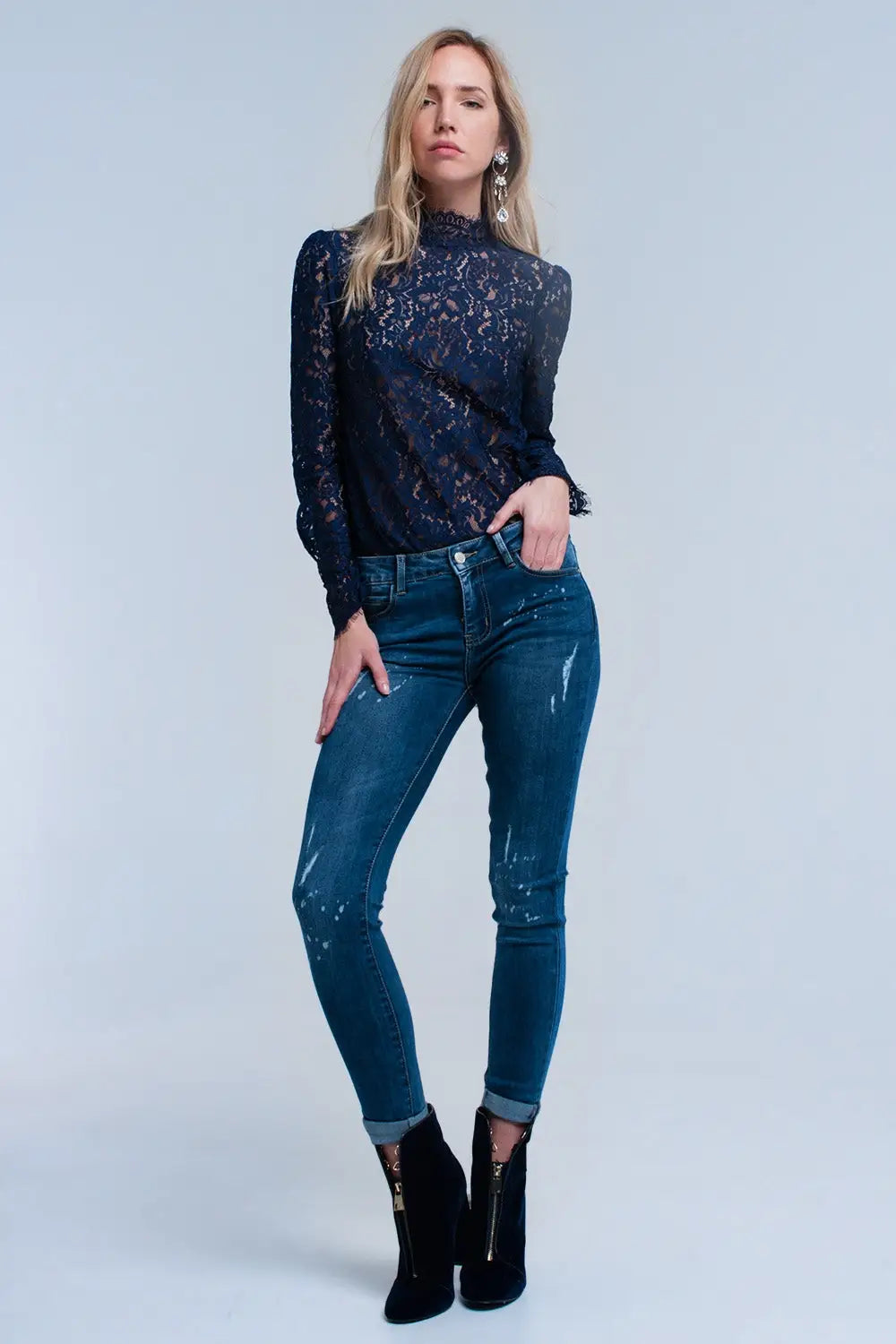 Chemise en dentelle bleu marine - Tee-Shirt
