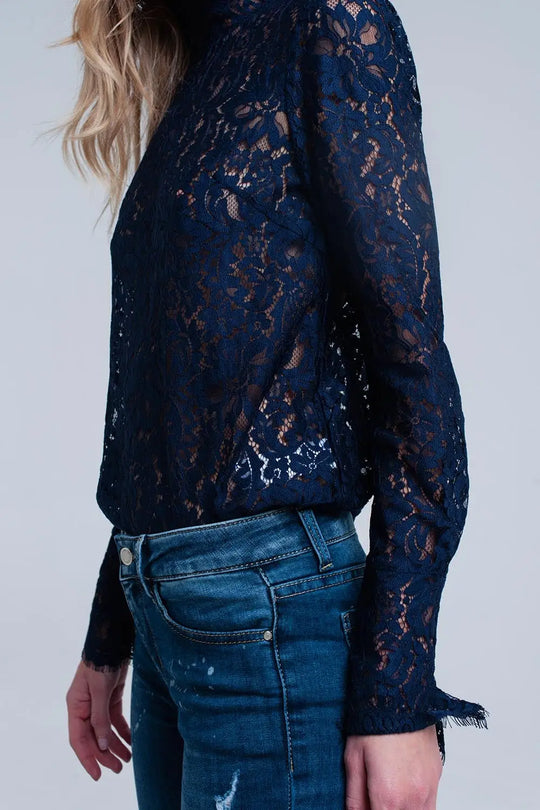 Chemise en dentelle bleu marine - Tee-Shirt