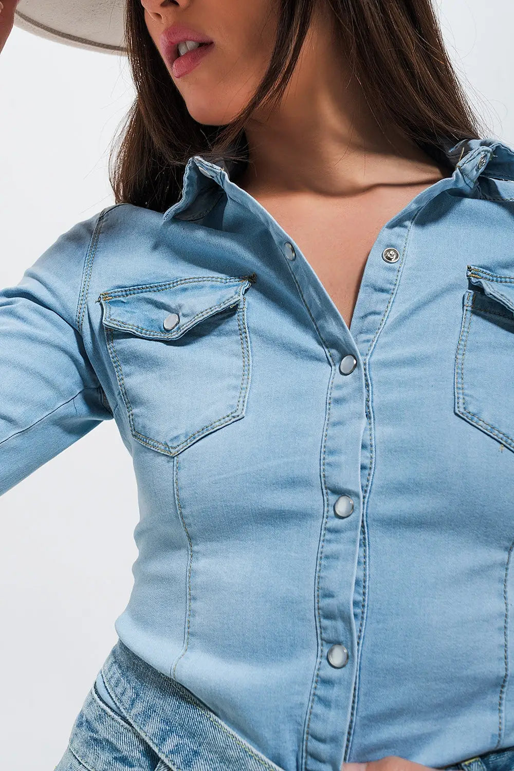 Chemise en jean skinny style western Bleu clair délavé - Tee-Shirt