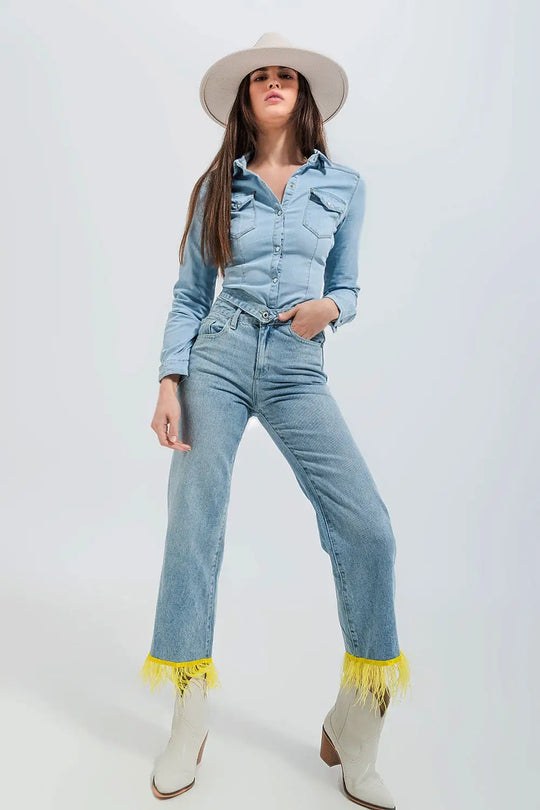 Chemise en jean skinny style western Bleu clair délavé - Tee-Shirt