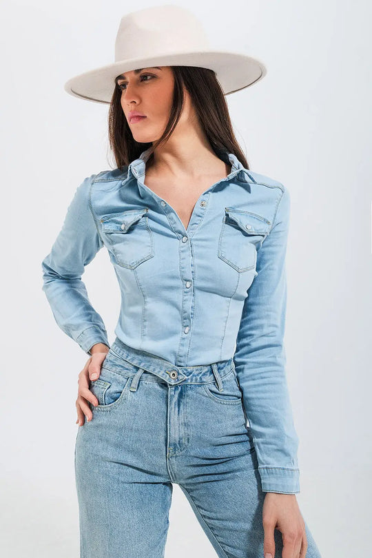 Chemise en jean skinny style western Bleu clair délavé - Tee-Shirt