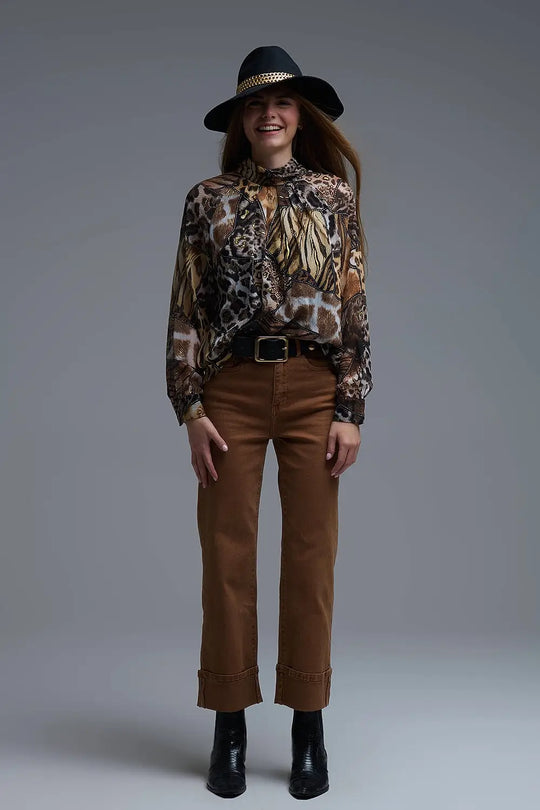 chemise en mousseline de soie à imprimé animalier et détails dorés - Tee-Shirt