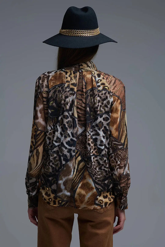 chemise en mousseline de soie à imprimé animalier et détails dorés - Tee-Shirt