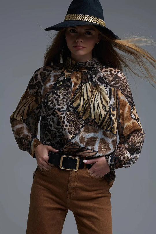 chemise en mousseline de soie à imprimé animalier et détails dorés - Tee-Shirt