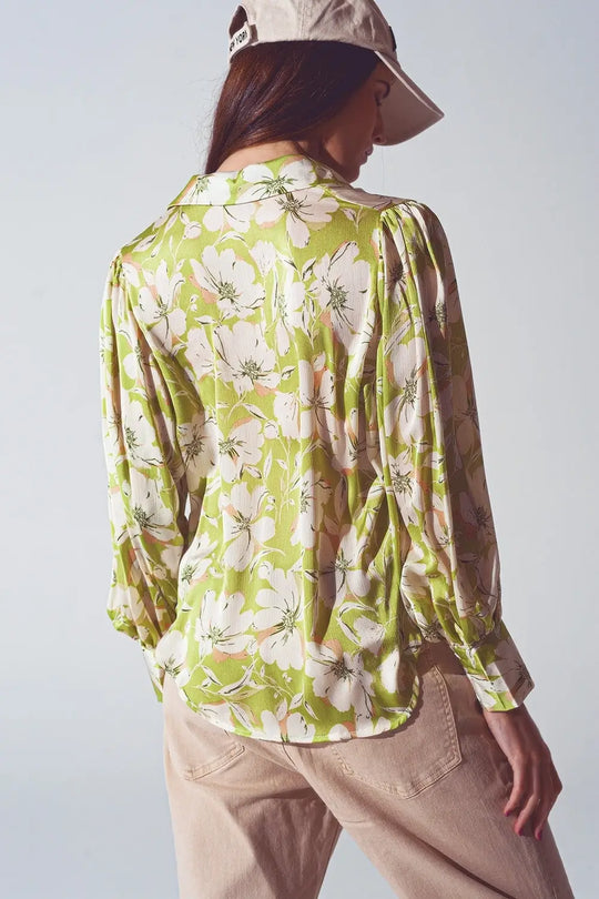 Chemise en mousseline de soie à imprimé floral verte - Tee-Shirt
