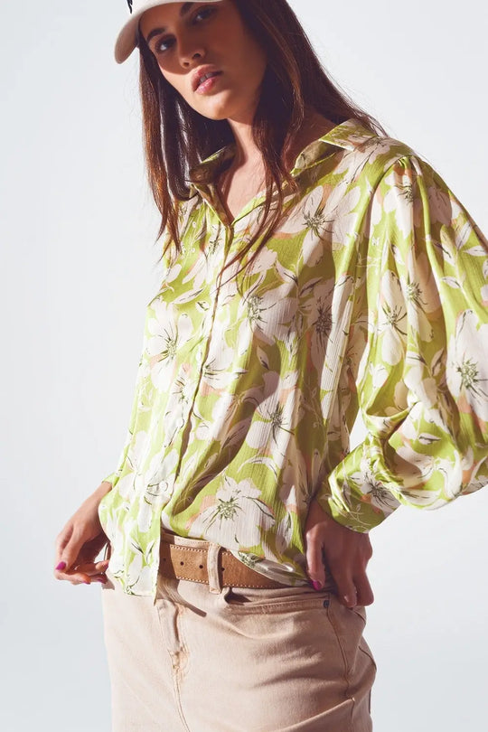 Chemise en mousseline de soie à imprimé floral verte - Tee-Shirt