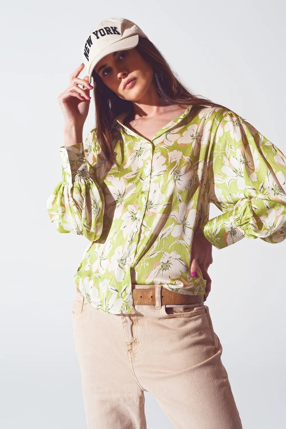 Q2 Chemise en mousseline de soie à imprimé floral verte