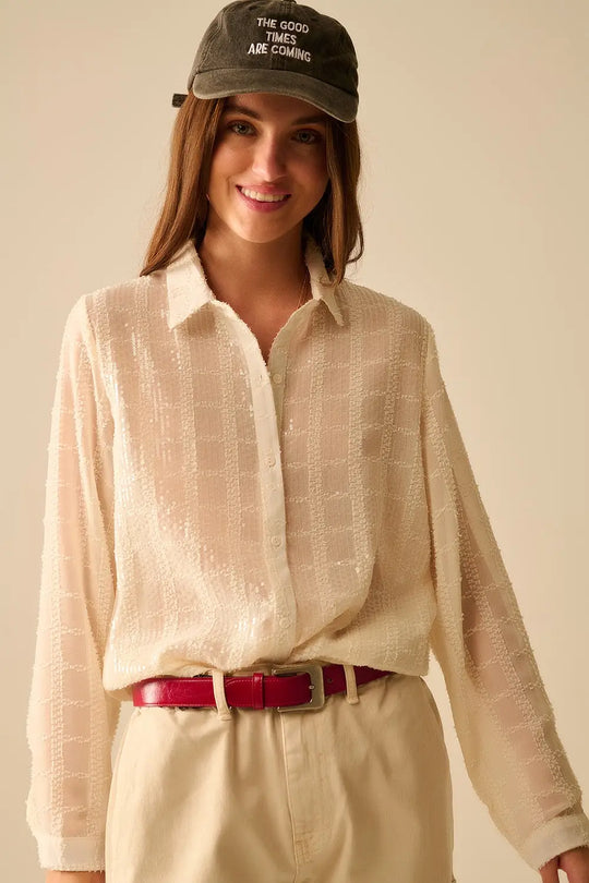 chemise en mousseline de soie beige avec détails en paillettes - Tee-Shirt