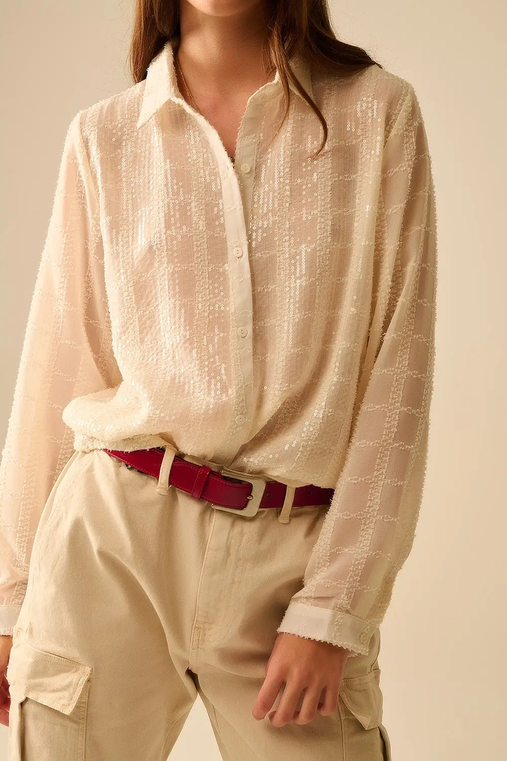 chemise en mousseline de soie beige avec détails en paillettes - Tee-Shirt