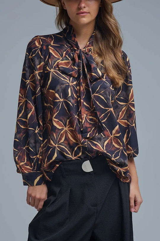 Chemise en mousseline de soie noire à imprimé abstrait et nœud papillon - Tee-Shirt