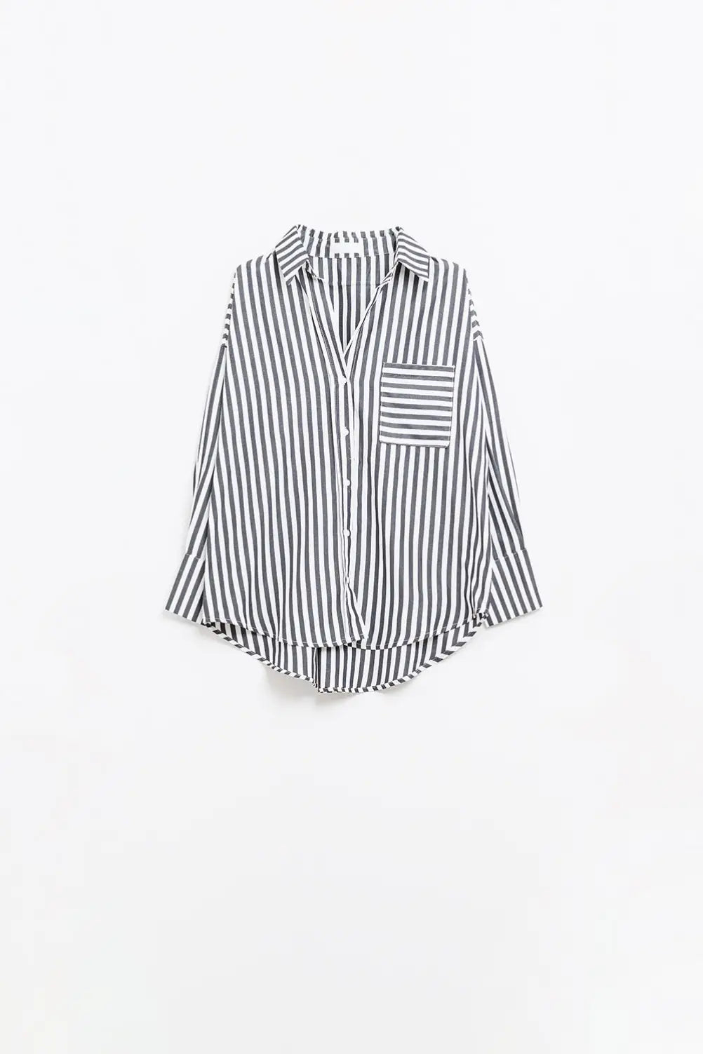 Chemise en popeline à rayures verticales noires et poche poitrine - Tee-Shirt