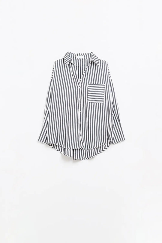 Chemise en popeline à rayures verticales noires et poche poitrine - Tee-Shirt
